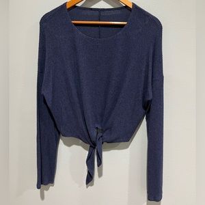 Blue ribbed front tie sweater